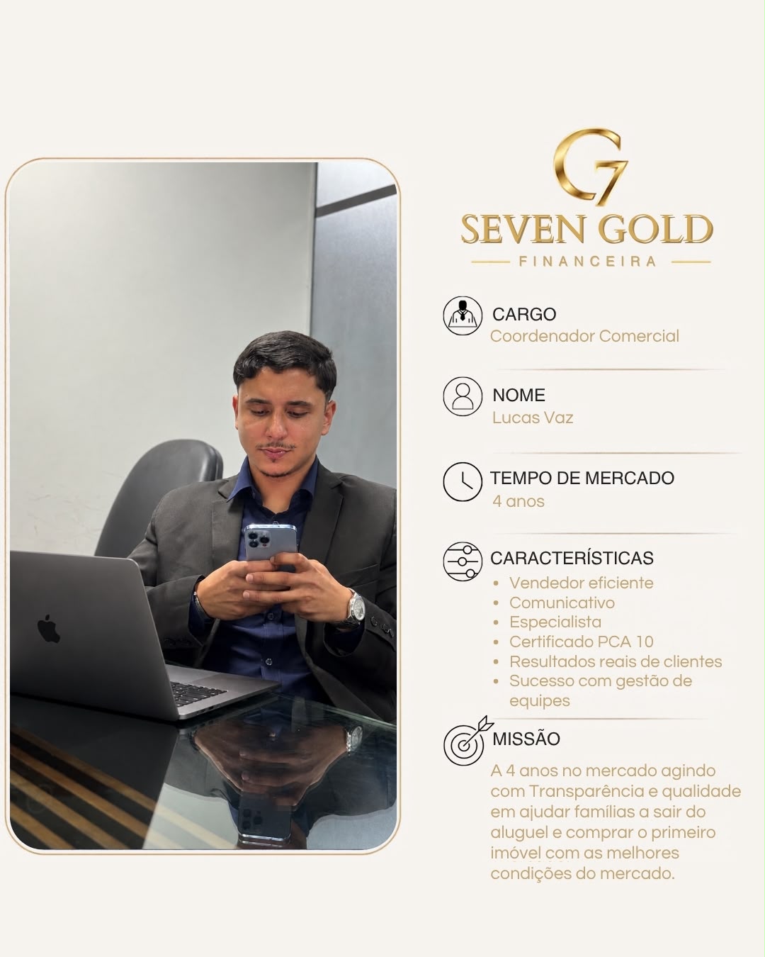 Apresentação profissional de Lucas Vaz, Coordenador Comercial